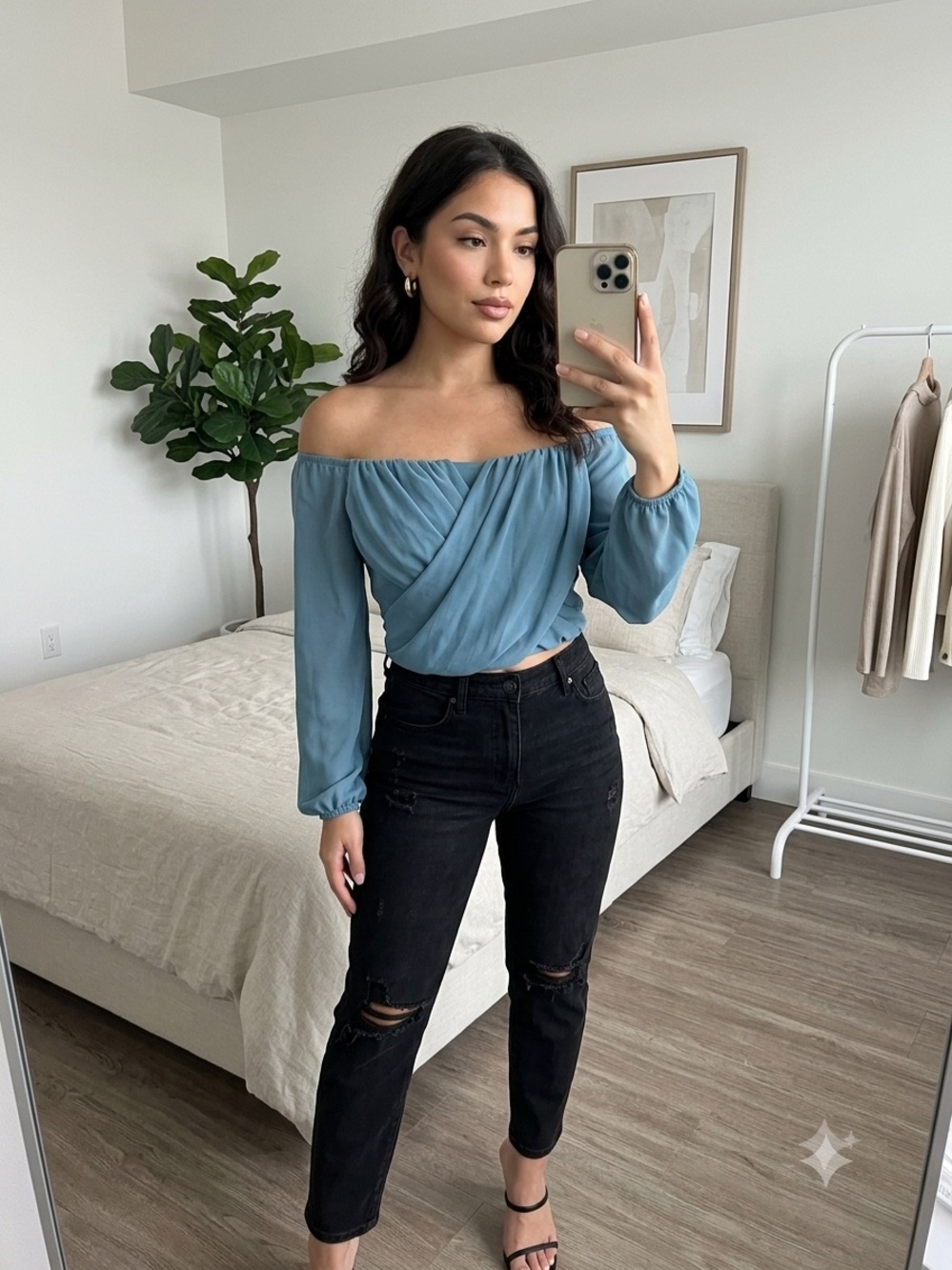 Windsor Off-Shoulder Draped Blouse in Dusty Blue | Large